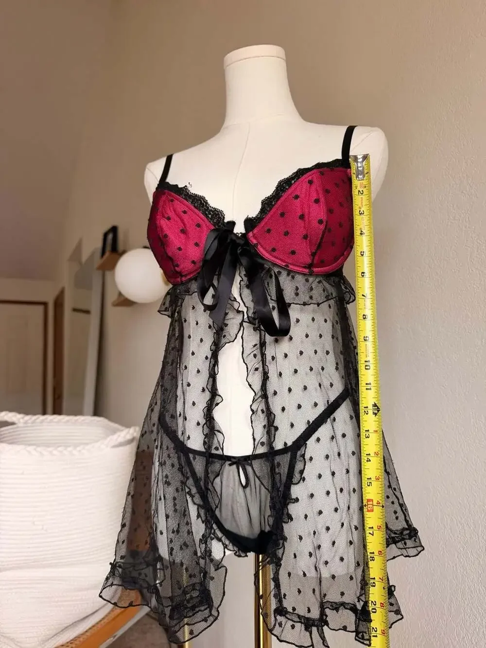 Victoria's Secret Polka Dot Mesh Babydoll Lingerie Set with Matching Thong, Size